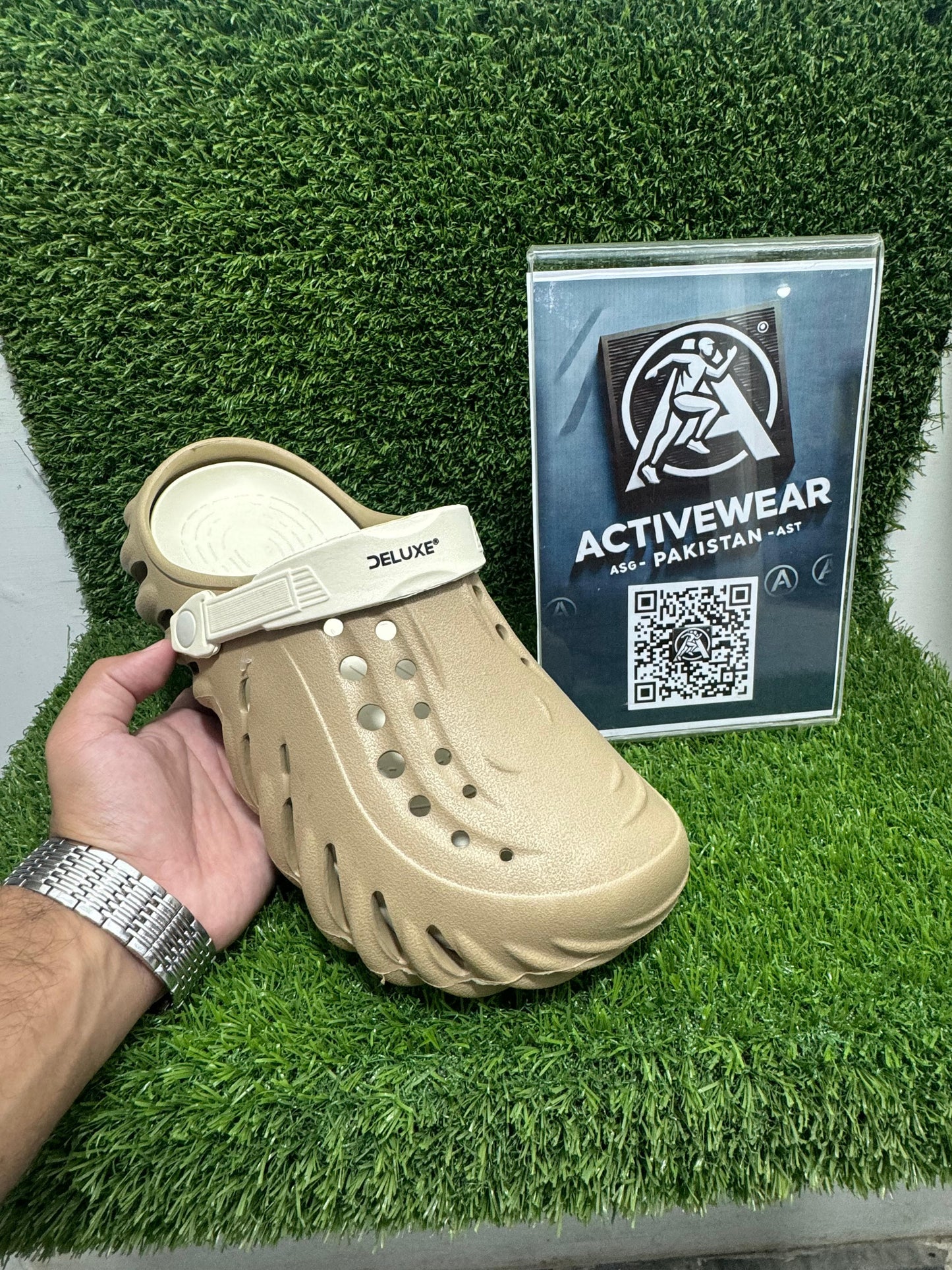 Men's adventure-ready beige clogs – ER-8745, with breathable holes and durable design, by Activewear Pakistan.