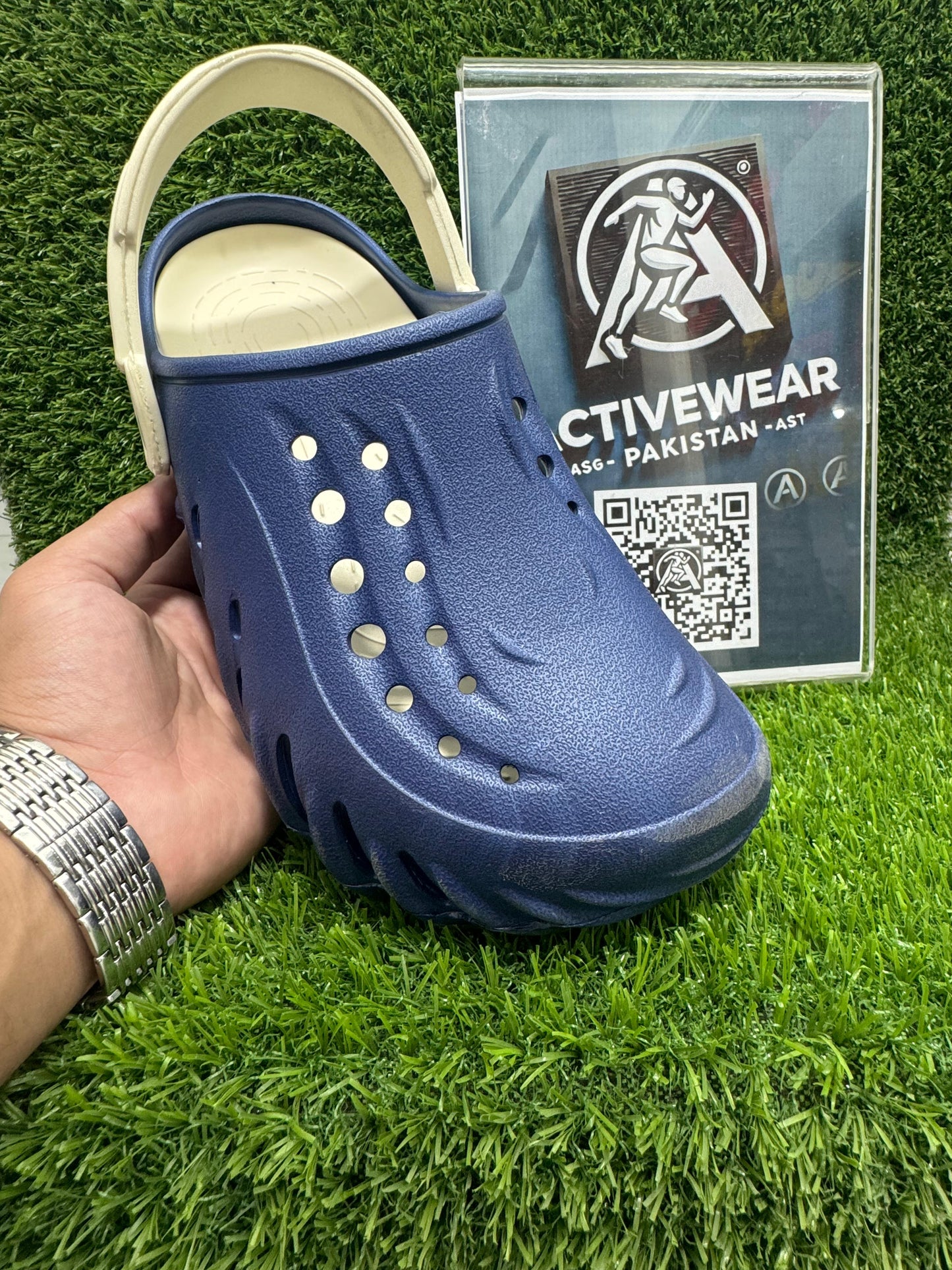 Men's adventure-ready blue clogs – ER-8745, with breathable holes and durable design, by Activewear Pakistan.