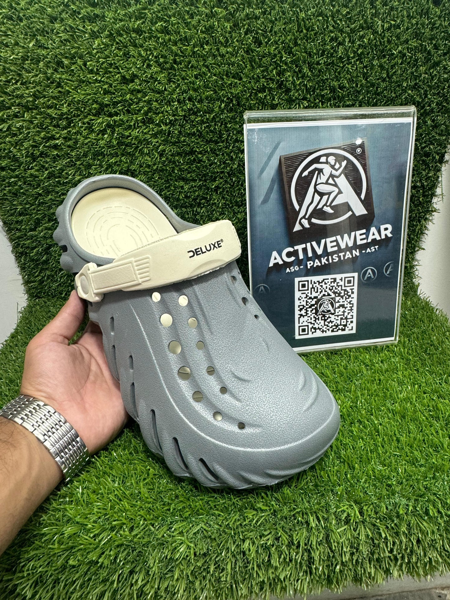 Men's adventure-ready Grey clogs – ER-8745, with breathable holes and durable design, by Activewear Pakistan.