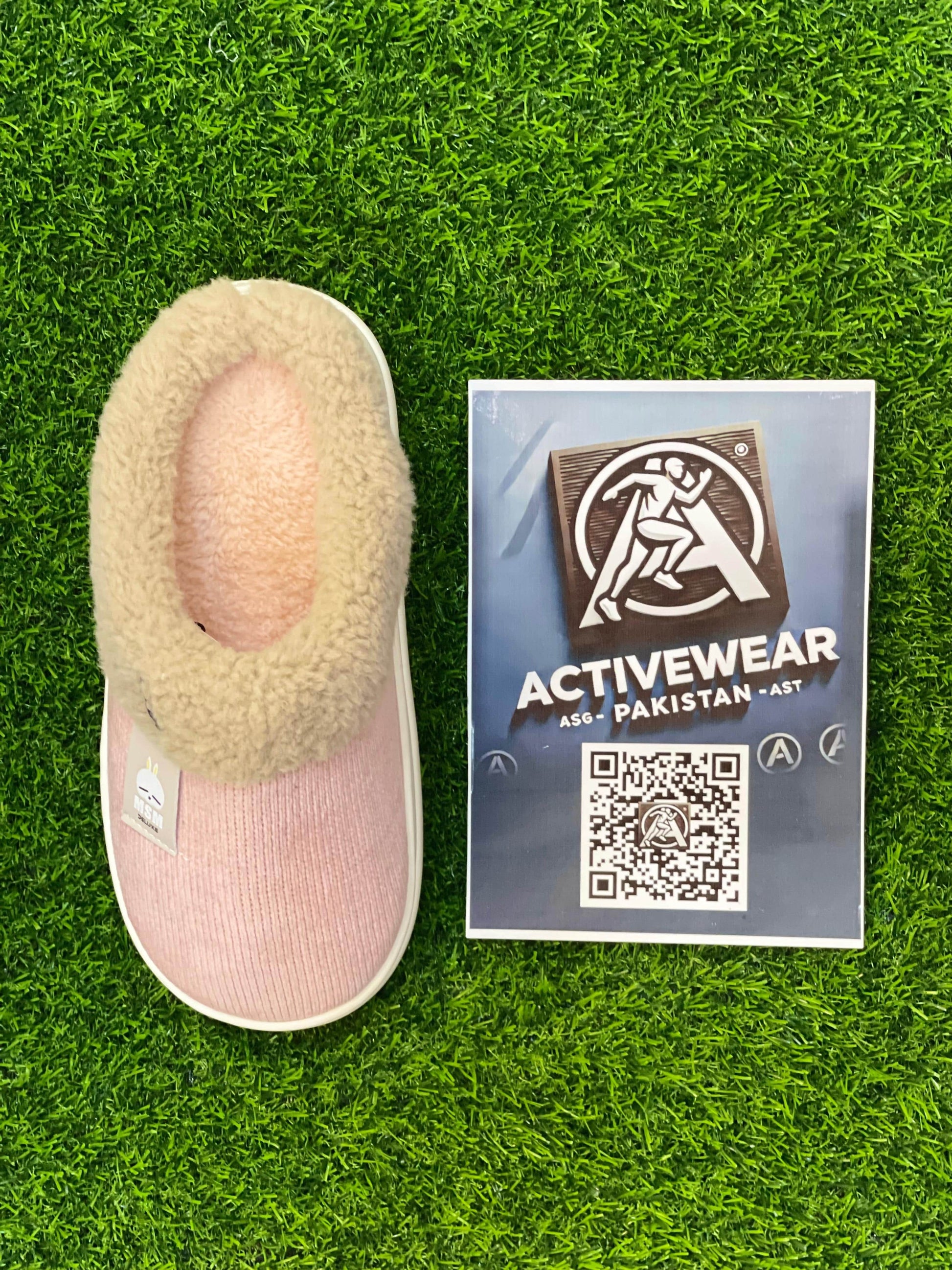 Women’s Plush-Lined Indoor Slippers – LA-MO-506, top view, durable non-slip rubber sole, Pink color, by Activewear Pakistan.